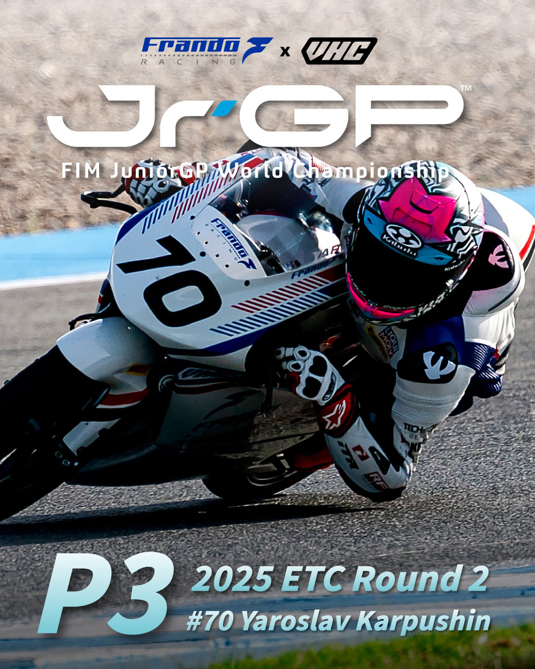 逆風翻盤 勇奪第3 Frando Racing VHC車隊，5月30日至6月1日FIM JuniorGP世界青年摩托車錦標賽中榮耀登榜！